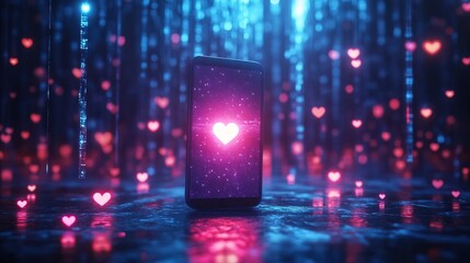 Smartphone glowing in the center of the image, surrounded by like icon