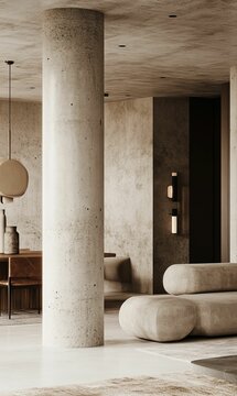 Modern minimalist interior with concrete pillars and a rug.