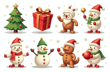 Xmas items set. Christmas tree, Santa with gifts, elves. Festive wreath, candy canes, gingerbreads. New year decorations. Winter holiday decor. Flat isolated vector illustration on white background 