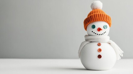 Fototapeta premium Snowman with mismatched buttons for eyes, cute and quirky winter scene