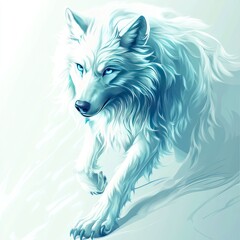 Naklejka premium A majestic, ethereal white wolf with striking blue eyes, depicted in a dynamic pose.