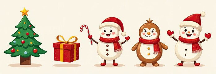 Xmas items set. Christmas tree, Santa with gifts, elves. Festive wreath, candy canes, gingerbreads. New year decorations. Winter holiday decor. Flat isolated vector illustration on white background 
