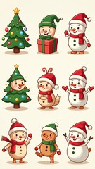 Xmas items set. Christmas tree, Santa with gifts, elves. Festive wreath, candy canes, gingerbreads. New year decorations. Winter holiday decor. Flat isolated vector illustration on white background 