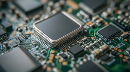 Obraz premium Close Up of Microchip on Green Circuit Board