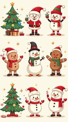 Xmas items set. Christmas tree, Santa with gifts, elves. Festive wreath, candy canes, gingerbreads. New year decorations. Winter holiday decor. Flat isolated vector illustration on white background 