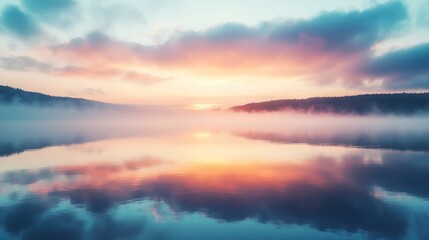 Fototapeta premium A serene sunrise over a misty lake, reflecting vibrant colors in calm waters.