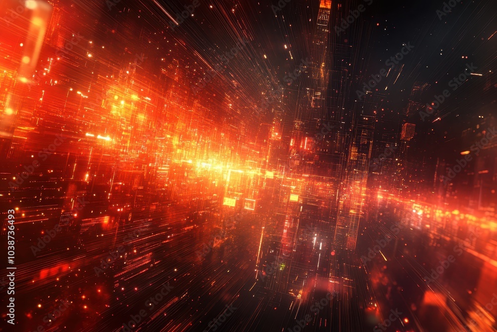 Poster dynamic abstract representation of digital data flow in vibrant red and orange tones