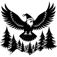 eagle in a santa hat soaring above a snowy forest