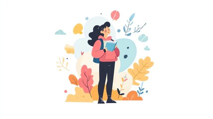 Young woman exploring nature with a backpack and notebook surrounded by autumn leaves.