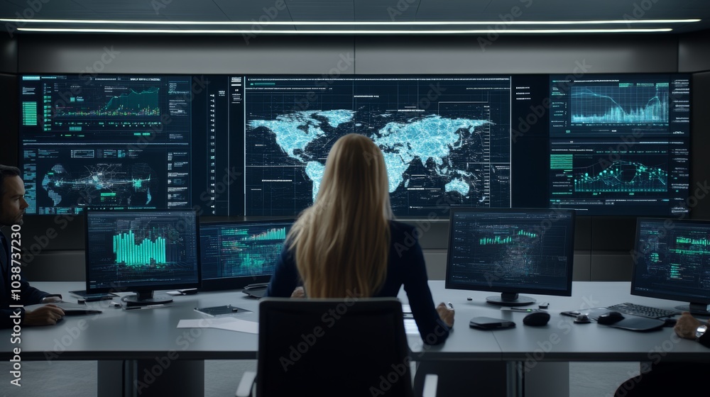 Poster global data analysis businesswoman working in modern office with multiple monitors and wo