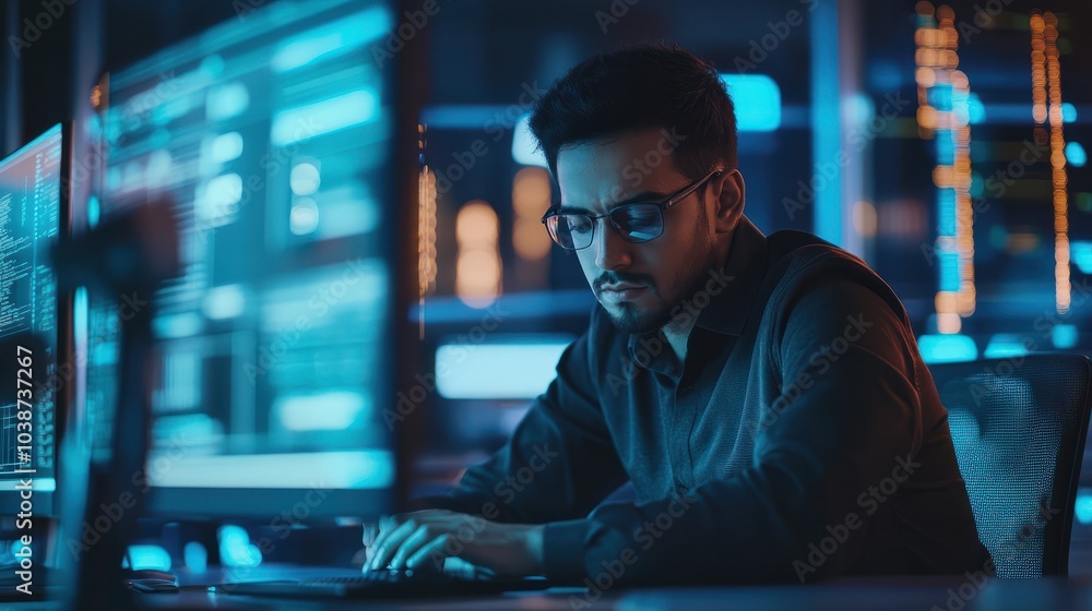 Poster this portrait depicts a handsome indian engineer working on a desktop computer in a technological of