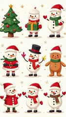 Xmas items set. Christmas tree, Santa with gifts, elves. Festive wreath, candy canes, gingerbreads. New year decorations. Winter holiday decor. Flat isolated vector illustration on white background 
