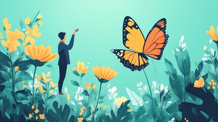 Fototapeta premium A person observing a butterfly amidst vibrant flowers in a serene environment.