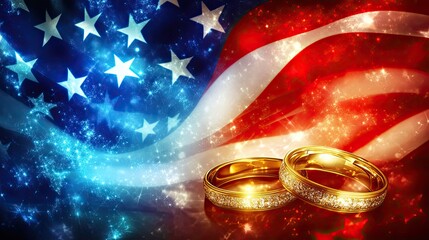 Golden Wedding Rings on an American Flag Background for a Celebration Generative AI