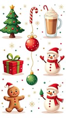 Xmas items set. Christmas tree, Santa with gifts, elves. Festive wreath, candy canes, gingerbreads. New year decorations. Winter holiday decor. Flat isolated vector illustration on white background 