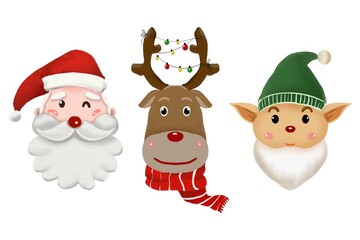 set of santa claus and reindeer christmas Hand drawn illustration on a transparent background