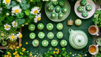 Whimsical St. Patrick's Day Garden Tea Party with Green Cupcakes and Floral Decor
