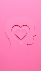paper-cut silhouette of a head with a heart on a pink background. Falling in love concept isolated with white highlights, png