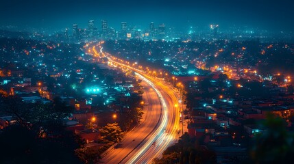 Night Cityscape with Highway and Lights