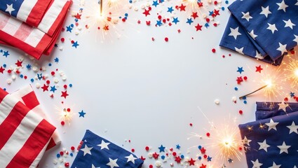 Fototapeta premium Festive flat lay with sparklers American flag napkins and confetti Perfect for events