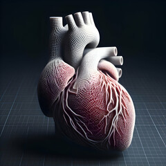 An AI-generated image of a high-detail 3D-printed human heart features intricate white mesh-like structures overlaying the surface, emphasizing the network of blood vessels. 