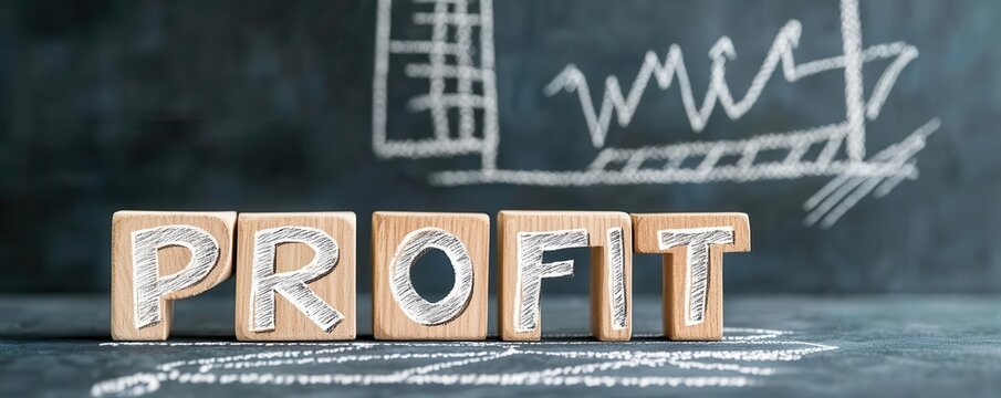 Profit written with wooden blocks on a blackboard with a graph in the background.