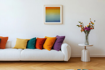 Naklejka premium modern living room featuring stylish white sofa adorned with colorful cushions in shades of orange, green, and purple. vibrant floral arrangement adds cheerful touch beside round side table