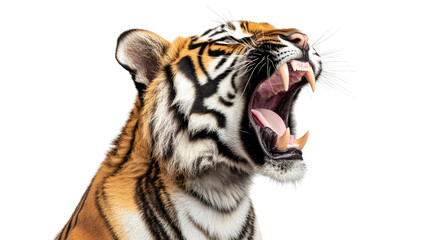 Fototapeta premium A captivating portrait of a majestic white and Bengal tiger, showcasing its striking stripes, intense gaze, and fierce beauty in a natural wildlife setting