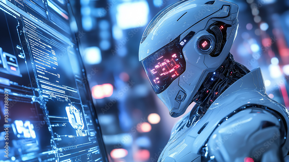 Poster futuristic robot interacts with advanced technology in digital environment