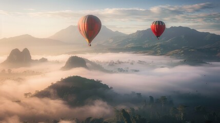 Obraz premium Hot Air Balloons Soaring Above Misty Mountains