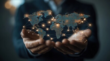 Digital technology, businessman holding Global network connection. Big data analytics and business intelligence. World map point and line composition of global business. innovation, generate by AI