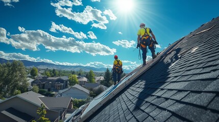 Roofers skillfully work on a steep roof, showcasing teamwork and dedication under a bright sky.