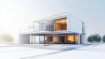 3D architectural design of a modern house showcasing innovative building concepts and construction plans with a bright background.