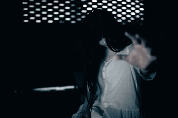 Portrait of asian woman make up ghost,Scary horror scene for background,Halloween festival...