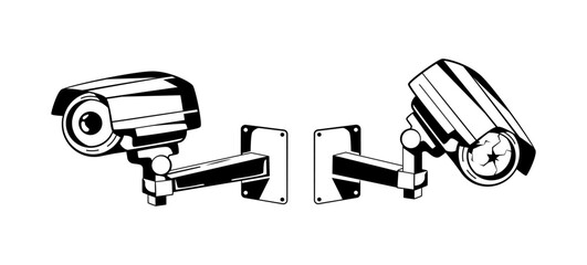 A pair of surveillance cameras, one damaged, representing themes of anti-surveillance, crime, and street culture. Monochrome design reflects the concepts of criminal activity and rebellion. Vector