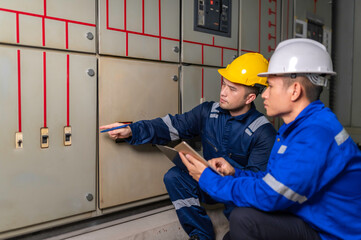 Electrical engineers and technicians work together to solve electrical system failures in industrial control rooms.supervisor maintains the circuit cabinet.