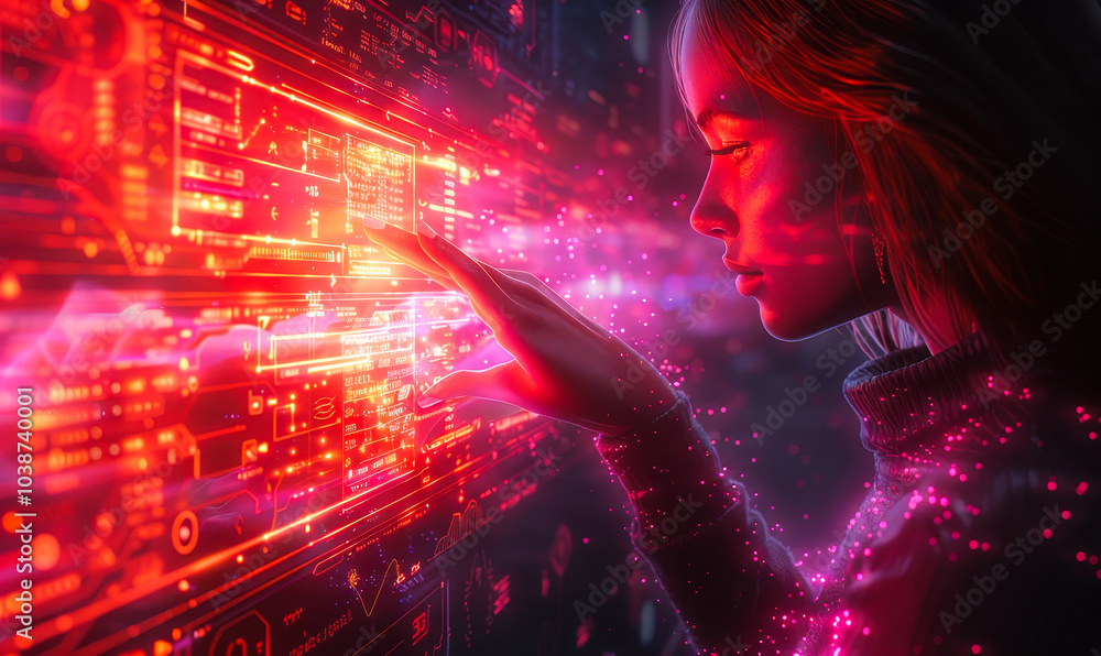 Poster futuristic interface interaction: person exploring digital touchscreen with holographic information 
