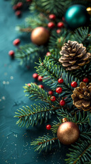 Fototapeta premium Festive Christmas Background with Pine Cones, Ornaments, and Sprigs of Evergreen for Seasonal Designs