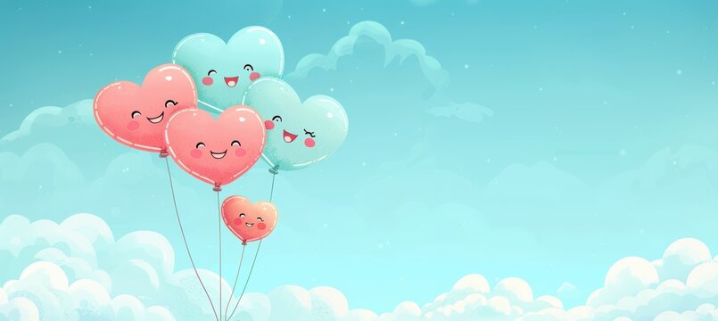 Playful Valentine's Day Banner with Heart-Shaped Balloons in Clear Blue Sky Design for Card or Poster