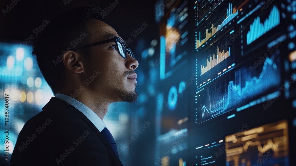 Poster a business professional interacts with a digital screen displaying financial analytics and growth ch