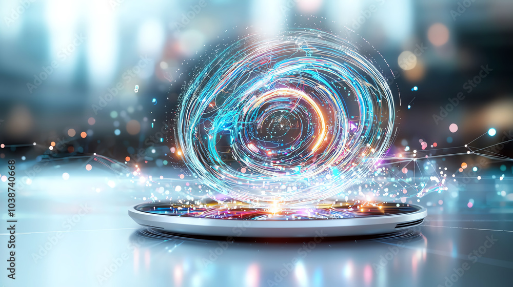 Poster revolutionizing interaction a high-tech digital tablet projecting stunning holograms for immersive e