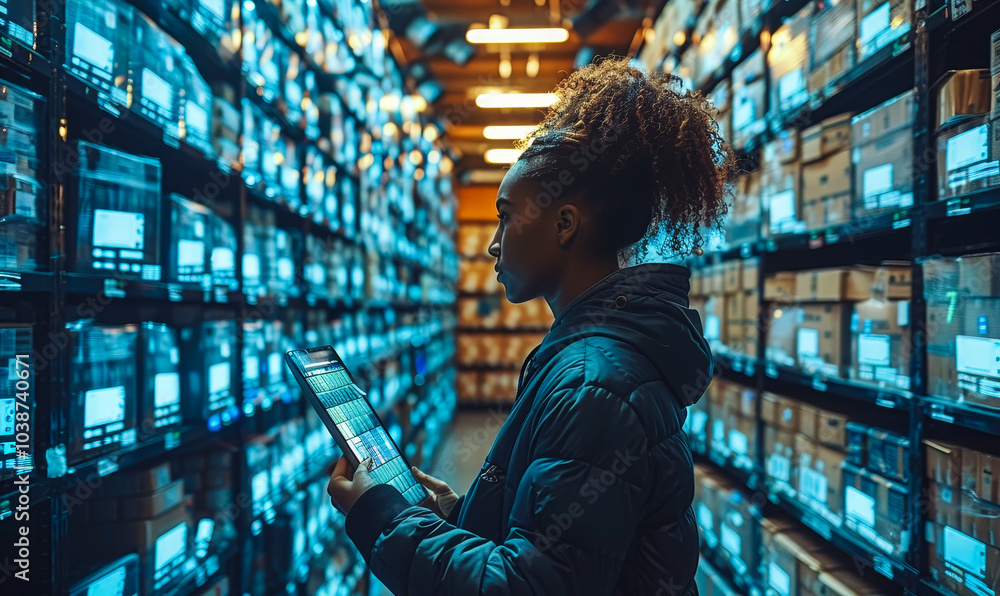 Poster Worker Performing Digital Inventory Check in High-Tech Logistic Center with Delivery Infographics at Night, Emphasizing Automation and Efficiency