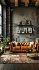 Stylish Industrial Living Room Interior with Leather Sofa, Brick Wall, Shelves, and Plants in Daylight Setting