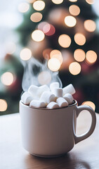 Cozy mug of hot cocoa topped with marshmallows, blured christmas background