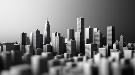A city skyline is shown in black and white