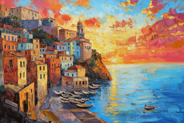 oil painting, sea view of Cinque Terre. Artwork. Big ben. man and woman on the beach as sunset. Tree. Italy