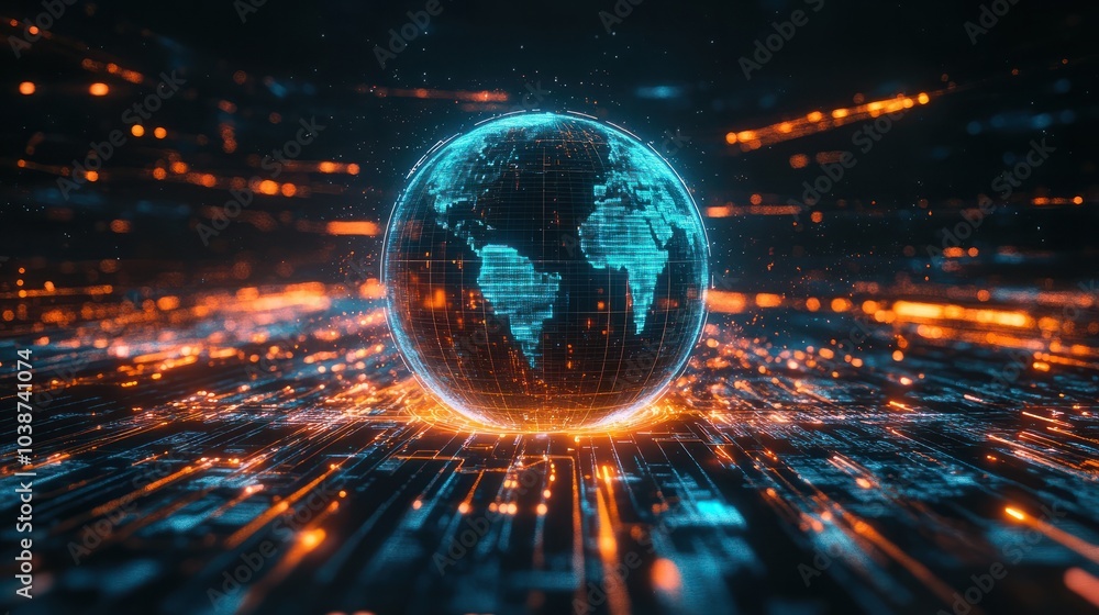 Poster a digital globe with a glowing blue and orange grid surrounded by data streams on a black background