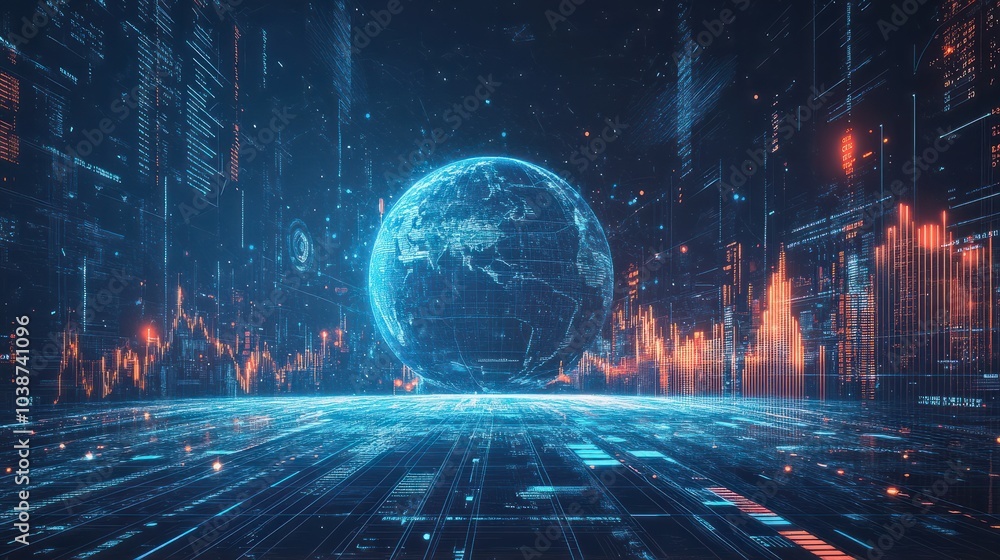Poster a digital representation of the earth surrounded by data visuals and graphs in a futuristic financia