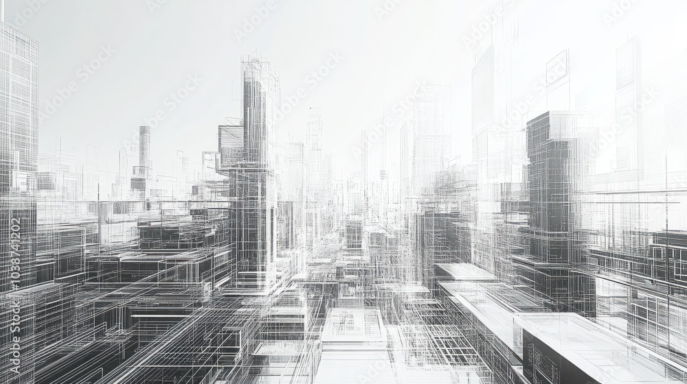 Poster a futuristic cityscape rendered in digital wireframes, showcasing the integration of building inform