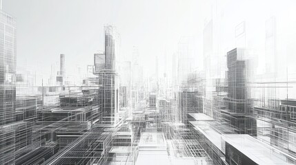 A futuristic cityscape rendered in digital wireframes, showcasing the integration of Building Information Modelling (BIM) technologies